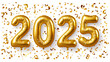2025 Happy New Year, Banner, Ballons, Golden Confeti, Copyspace, Illustration, Celebration, Happy New Year 2025. Background realistic golden balloons. Decorative design elements. Generative Ai