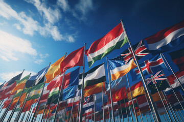 Canvas Print - An assortment of international flags fluttering in the wind, representing the diversity and interconnectedness of cultures around the globe. Concept of global unity. Generative Ai.