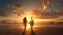 Two Children Flying Kites On Beach Sun Lighting Background AI Generated Picture