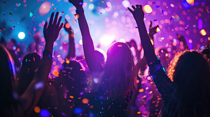 Aufkleber - Dynamic scene of people dancing and celebrating at a party or club with confetti in the air and colorful lights in the background.