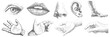 set of Retro stipple effect elements set. eyes and lips, mouths, nose and hand Abstract stipple sand effect