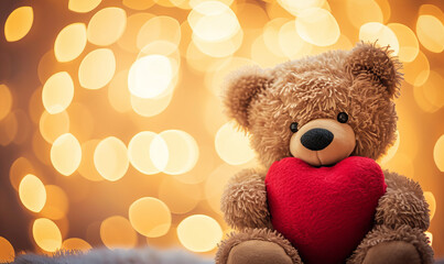 Wall Mural - a teddy bear holding a valentine red love heart with bokeh lights in the background