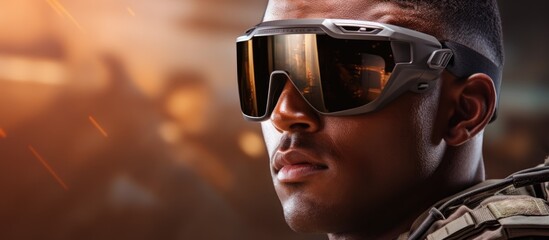 Soldier wearing advanced sunglasses with holographic display, seen up close.