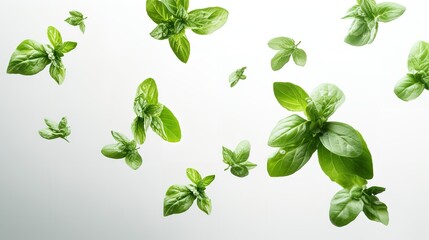 Wall Mural - A group of soaring basil leaves against a white backdrop, close up, raw food, falling, Generative AI.
