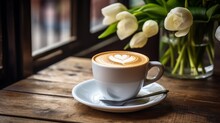 Latte Coffee Cup With Tulip Art On Foam, Top ViewWooden Table With Spring Background.