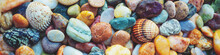 Abstract Nature Pebbles Background. Colorful Pebbles Texture. Stone Background. Sea Pebble Beach. Beautiful Nature. Horizontal Banner
