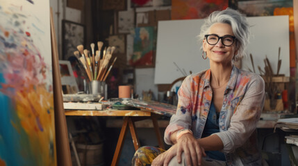 Wall Mural - concept of retirees returning back to work, elderly employees, Unretirement: A woman artist paints pictures in her art workshop