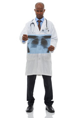 Wall Mural - Surgeon, black man and check xray scan for lung cancer evaluation, clinic research or medical investigation. Healthcare studio, MRI and African doctor analysis of anatomy isolated on white background