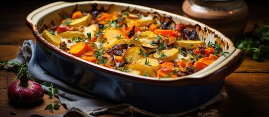 Wall Mural - Baked comfort food with sweet potato and various root vegetables.