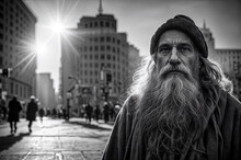 Portrait Of An Elderly Man With Gray Hair, Mustache And Beard. Black And White Street Photography Style. Homelessness, Insecurity And Mental Health Concept.	