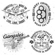 Set of gangster club badge design. Vector illustration. Vintage monochrome label, sticker, patch with gangster, submachine gun and tiger gangster skull silhouettes.