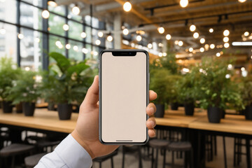 Man holding smartphone with blank screen in cafe. Mockup