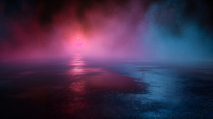 Wall Mural - Wet asphalt, reflection of neon lights, a searchlight, smoke. Abstract light in a dark empty street with smoke, smog. Dark background scene of empty street, night view, night city.