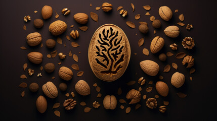 Wall Mural - Wonders of walnuts on a brown background
