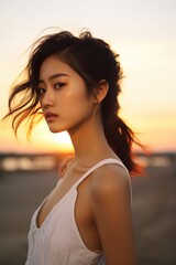 Wall Mural - portrait of a young asian woman at sunset