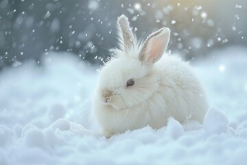 Wall Mural - Angora rabbit surrounded by snowflakes in a winter wonderland its fluffy fur providing warmth and a striking contrast against the cold creating a magical scene