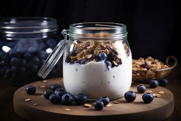 Wall Mural - Blueberry yogurt granola breakfast jar. Muesli healthy fruity snack glass container. Generate ai