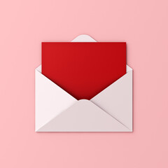 Aufkleber - Blank red paper card in white envelope isolated on pink pastel color background with shadow love letter minimal conceptual 3D rendering