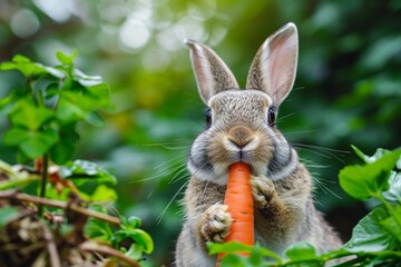 Wall Mural - Close-up of a rabbit holding a carrot in its paws the verdant greenery contrasting with the bunny's fur creating an adorable and wholesome scene