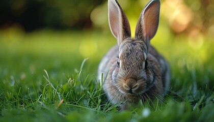 Wall Mural - Close-up of a curious rabbit nibbling on fresh green grass capturing the intricate details of its whiskers and twitching nose