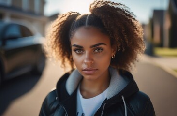 Wall Mural - a beautiful mulatto woman with a beautiful hairstyle, natural makeup, and a confident look.