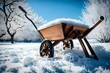 A wooden wheelbarrow covered in a layer of frost, sitting in a snow-covered garden with clear skies and delicate snowflakes.