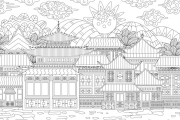 Wall Mural - colouring book page for adults and children with ancient asian c