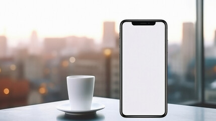 Mockup image of smartphone with blank white screen and coffee cup on table in cafe