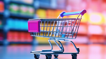 Landscape view of a shopping cart elegantly positioned in the corner of an ad, set against a visually striking and colorful background, suitable for promotional copy.