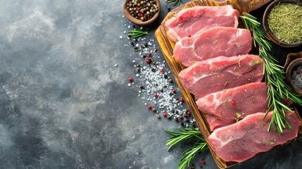 Raw pork meat on wooden board on grey background with rosemary, salt and pepper. Pork loin. Copy space. Top view.