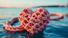 Pink Sailor Rope Rolled Into A Heart Shape On A Solid Pastel Background. Heart-shaped Sailor Knots.