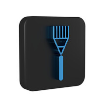 Blue Garden Rake Icon Isolated On Transparent Background. Tool For Horticulture, Agriculture, Farming. Ground Cultivator. Housekeeping Equipment. Black Square Button.