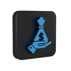 Wall Mural - Blue Hand holding money bag icon isolated on transparent background. Dollar or USD symbol. Cash Banking currency sign. Black square button.