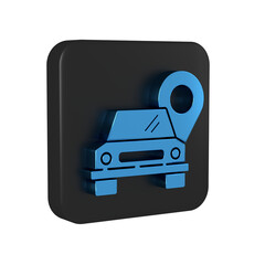 Wall Mural - Blue Map pointer with taxi icon isolated on transparent background. Location symbol. Black square button.