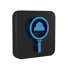 Sticker - Blue Magnifying glass and taxi car icon isolated on transparent background. Taxi search. Black square button.