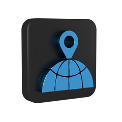 Poster - Blue Location on the globe icon isolated on transparent background. World or Earth sign. Black square button.