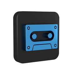 Wall Mural - Blue Retro audio cassette tape icon isolated on transparent background. Black square button.