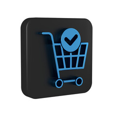 Sticker - Blue Shopping cart with check mark icon isolated on transparent background. Supermarket basket with approved, confirm, done, tick, completed. Black square button.