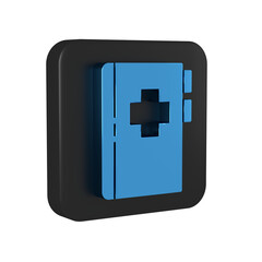 Wall Mural - Blue Clipboard with dental card or patient medical records icon isolated on transparent background. Dental insurance. Dental clinic report. Black square button.