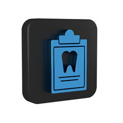 Wall Mural - Blue Clipboard with dental card or patient medical records icon isolated on transparent background. Dental insurance. Dental clinic report. Black square button.