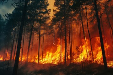 Poster - A forest fire burns bright orange in the background, engulfing trees.