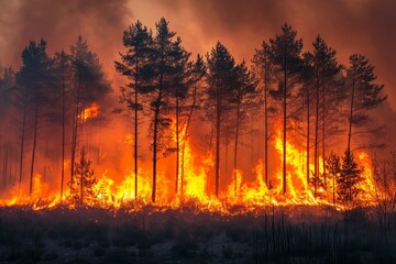 Wall Mural - A forest fire burns bright orange in the background, engulfing trees.