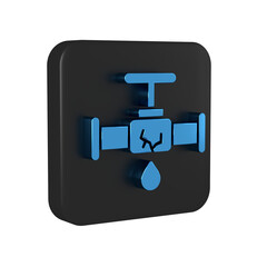 Sticker - Blue Broken metal pipe with leaking water icon isolated on transparent background. Black square button.