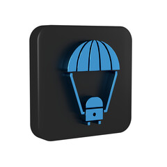 Poster - Blue Space capsule returning to earth via parachute icon isolated on transparent background. Black square button.