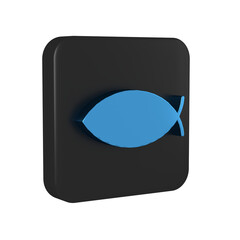 Sticker - Blue Christian fish symbol icon isolated on transparent background. Jesus fish symbol. Black square button.