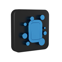 Sticker - Blue Bar of soap icon isolated on transparent background. Soap bar with bubbles. Black square button.