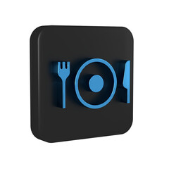 Poster - Blue Plate, fork and knife icon isolated on transparent background. Cutlery symbol. Restaurant sign. Black square button.