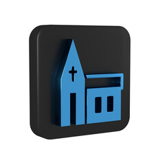 Poster - Blue Church building icon isolated on transparent background. Christian Church. Religion of church. Black square button.