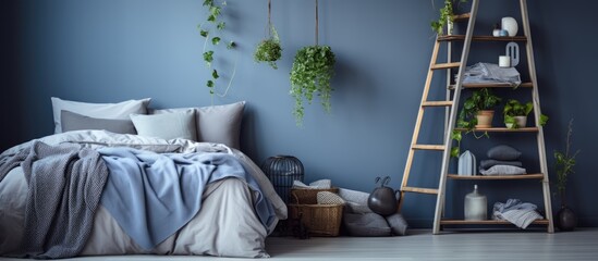 Wall Mural - Bedroom with ladder and plant, featuring grey and blue bedding.