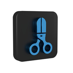 Sticker - Blue Scissors hairdresser icon isolated on transparent background. Hairdresser, fashion salon and barber sign. Barbershop symbol. Black square button.